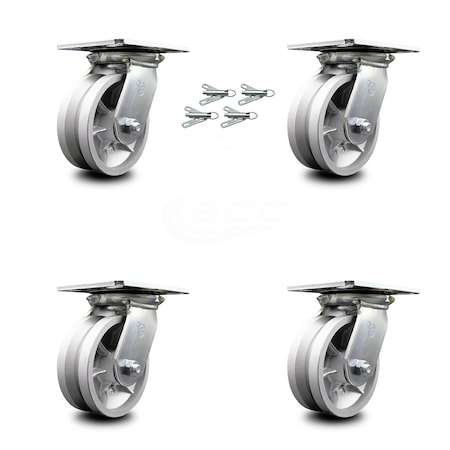 Service Caster 5 Inch V Groove Semi Steel Caster Set with Roller Bearings and Swivel Locks SCC SCC-35S520-VGR-BSL-4